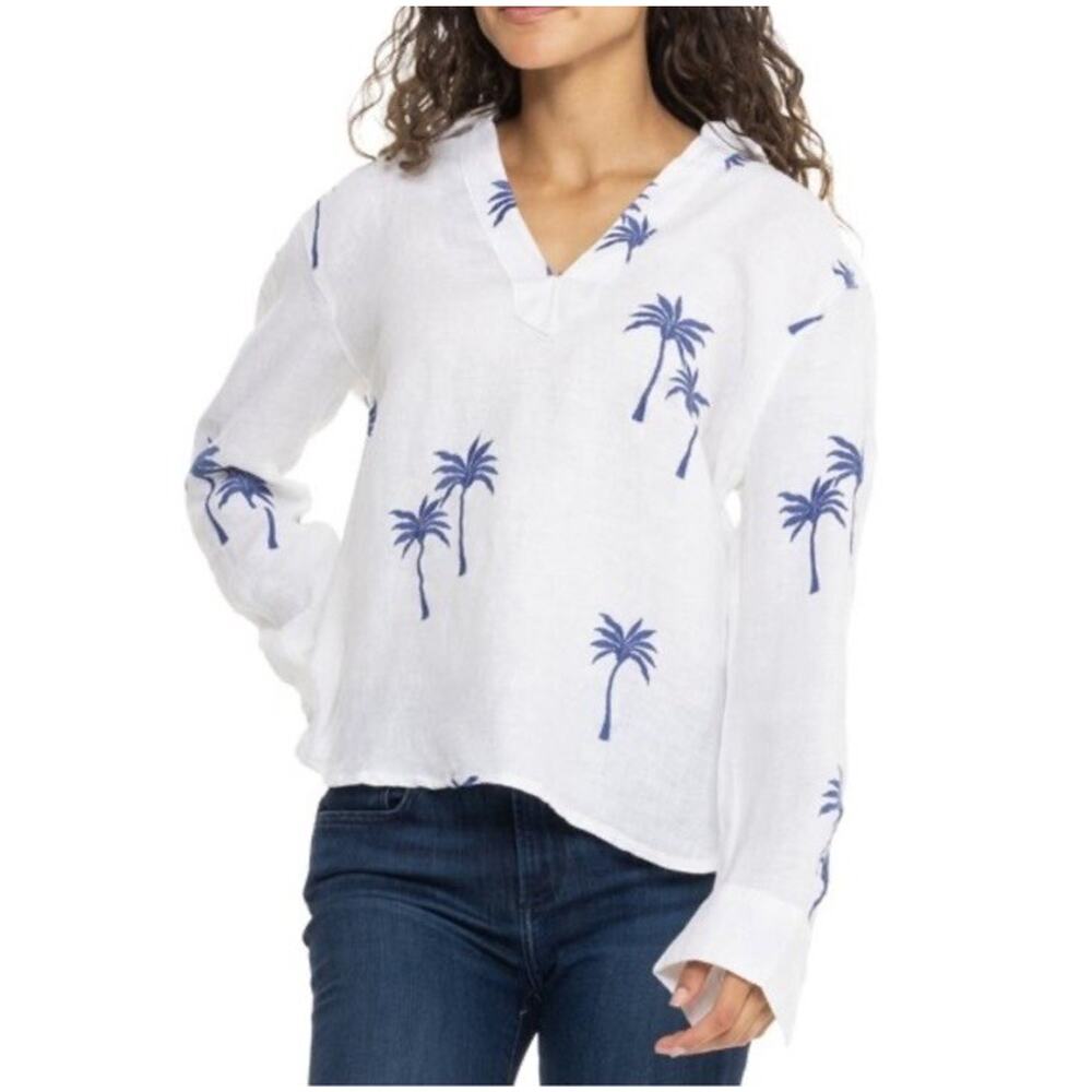 Calypso St. Barth Embroidered Linen Popover Shirt Sz M White Blue Vacation Luxe